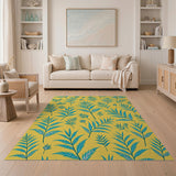 Teal Fern Leaves on Sunny Yellow Boho Rug