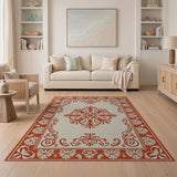 Beige and Neutral Cream Area Rug with Ornate Red Floral Border