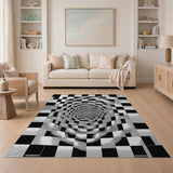 Hypnotic Black White Checkerboard Vortex Area Rug
