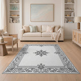 Ornate Floral Baroque Frame Area Rug - Black White