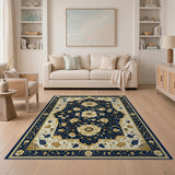 Navy Blue Gold Floral Traditional Persian Rug