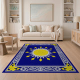 Navy Blue Sunburst Area Rug with Ornate Borders