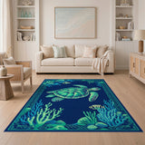 Coastal Beach Teal Sea Turtle Coral Reef Area Rug