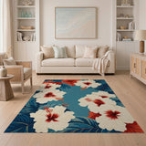 Blue and Teal Teal Hibiscus Floral Area Rug