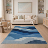 Geometric Modern Blue and Teal Layered Blue Waves Geometric Area Rug