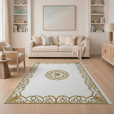 Gold and Silver Elegant Gold Ornate Persian Border Rug
