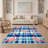 Pink Flamingo Blue Check Area Rug