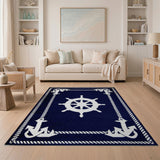 Navy Nautical Ship's Wheel Anchor Area Rug
