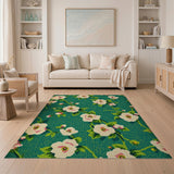 Emerald Green White Camellia Floral Vintage Rug