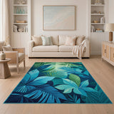 Blue Teal Leaves Washable Area Rug