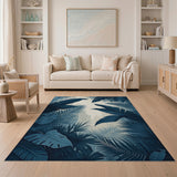 ODIKA Washable Blue Tropical Leaf Area Rug - Non-Slip Low Pile Jungle Print Home Decor