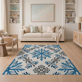 Blue and Teal Blue Snowflake Geometric Area Rug