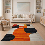 ODIKA Washable Mid-Century Modern Geometric Area Rug - Low Pile Orange & Black Non-Slip Rug