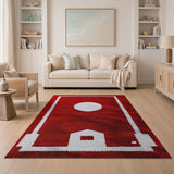 Bold Red Geometric Area Rug with White Circle House