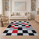 Bold Geometric Block Area Rug in Black, White, Grey Red