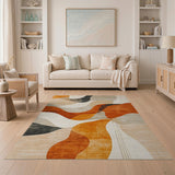 ODIKA Abstract Mid-Century Modern Washable Area Rug, Low Pile Non-Slip Terracotta Wavy Rug, Pet & Kid Friendly