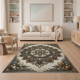 Ornate Grey Floral Mandala Distressed Rug