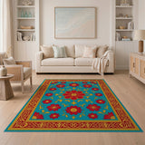 Teal Persian Floral Medallion Rug with Red Blooms Gold Border