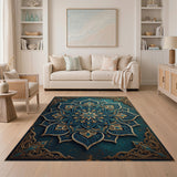 Teal Mandala Area Rug with Gold Intricacies