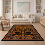 Orange Tiger Stripe Area Rug with Ornate Floral Border