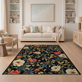 Red Poppy Anemone Floral Navy Area Rug