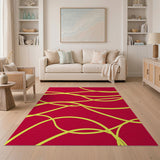 Vibrant Red Abstract Wavy Yellow Line Rug