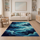 Layered Blue Teal Wave Abstract Area Rug