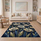 Cream Poppy Floral Area Rug on Navy