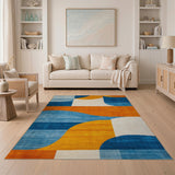 Abstract Curved Geometric Blue Orange Area Rug
