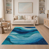 Modern Blue Ocean Wave Abstract Washable Area Rug, Low Pile Non-Slip Pet Friendly