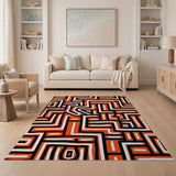 Vibrant Orange Maze Geometric Area Rug