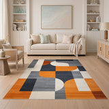 Grey Geometric Modern Area Rug with Orange Accents