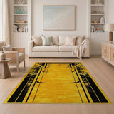 Geometric Yellow Area Rug with Black Art Deco Motifs