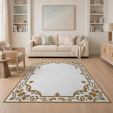 Elegant Gold Ornate Floral Border Area Rug