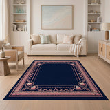 Pink Ornate Scallop Border Navy Area Rug