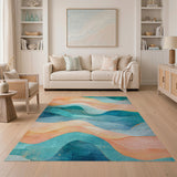 ODIKA Abstract Teal & Peach Wave Washable Area Rug - Low Pile Non-Slip & Pet-Friendly