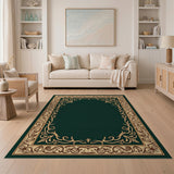Elegant Green Area Rug with Ornate Gold Floral Border