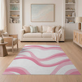 ODIKA Pink Abstract Wavy Washable Area Rug, Low Pile Non-Slip Pet Friendly Carpet