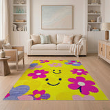 Playful Yellow Smiley Faces Colorful Flowers Area Rug