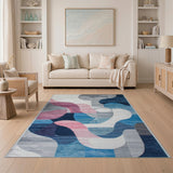 Modern Abstract Blue Pink Grey Wave Area Rug