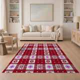 Festive Red Plaid Snowflake Poinsettia Rug