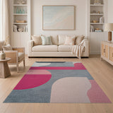 Abstract Pink Grey Curved Geometric Rug