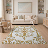 Elegant Gold Ornate Floral Frame Rug