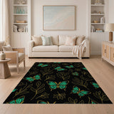 Teal Butterflies Golden Leaves Black Area Rug