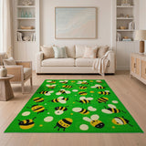 Green Playful Cartoon Bees Green Area Rug