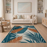 Teal Orange Palm Leaf Coastal Area Rug