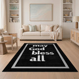 ODIKA Washable Modern Black & White Inspirational Area Rug, "May God Bless All" Low Pile Non-Slip Rug