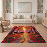 Red Autumn Forest Path Deer Silhouette Area Rug