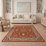 Terracotta Persian Medallion Area Rug with Teal Florals