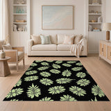 Lime Green Monstera Leaf Area Rug on Black